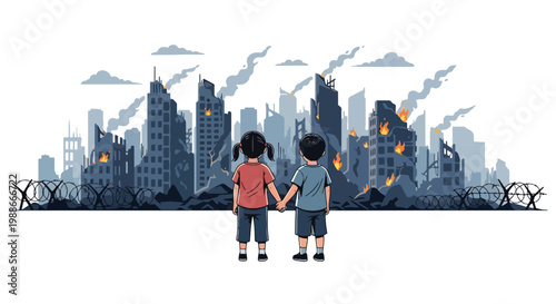 Flat style vector illustration of children holding hands in front of damaged city, representing hope, unity, resilience, and future peace despite war conditions