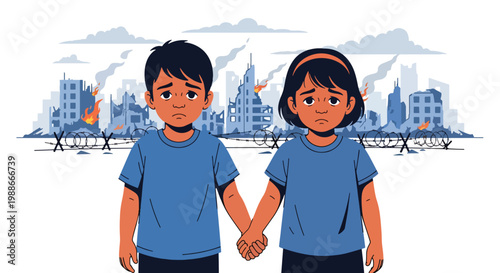 Flat style vector illustration of children holding hands in front of damaged city, representing hope, unity, resilience, and future peace despite war conditions