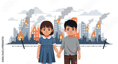 Flat style vector illustration of children holding hands in front of damaged city, representing hope, unity, resilience, and future peace despite war conditions