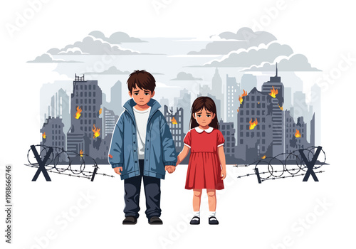 Flat style vector illustration of children holding hands in front of damaged city, representing hope, unity, resilience, and future peace despite war conditions