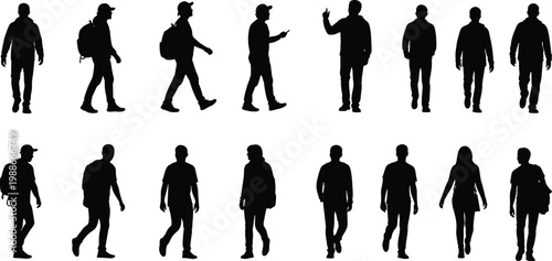 Black silhouettes of people with backpacks walking and standing isolated on white background for travel tourism and student lifestyle designs.
