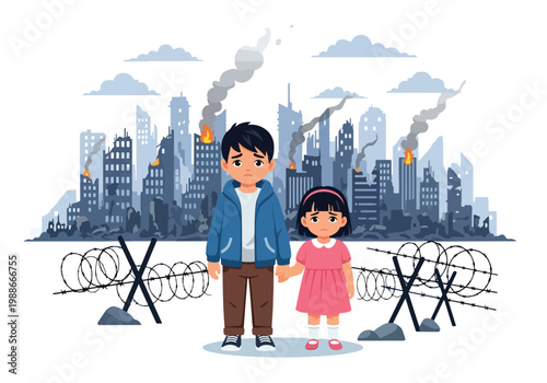 Flat style vector illustration of children holding hands in front of damaged city, representing hope, unity, resilience, and future peace despite war conditions