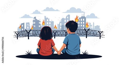 Flat style vector illustration of children holding hands in front of damaged city, representing hope, unity, resilience, and future peace despite war conditions