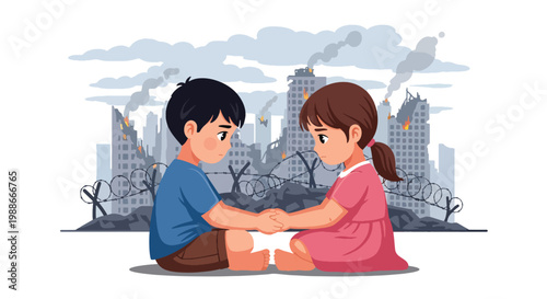 Flat style vector illustration of children holding hands in front of damaged city, representing hope, unity, resilience, and future peace despite war conditions