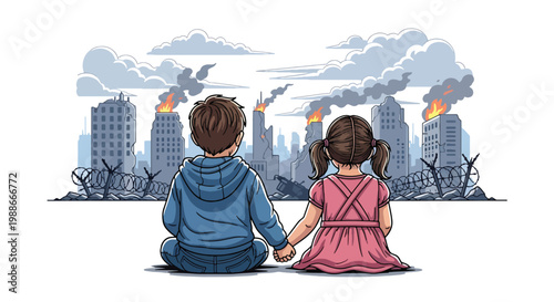 Flat style vector illustration of children holding hands in front of damaged city, representing hope, unity, resilience, and future peace despite war conditions