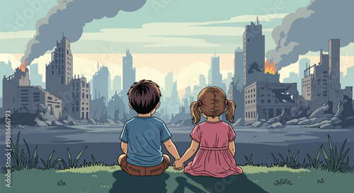 Flat style vector illustration of children holding hands in front of damaged city, representing hope, unity, resilience, and future peace despite war conditions
