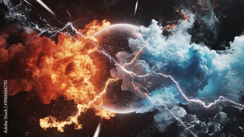 Cosmic collision of fire and ice against a glowing sphere