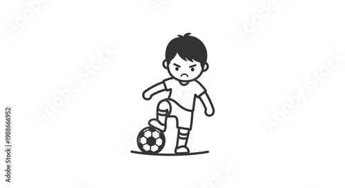 Cute cartoon boy playing soccer with determined expression.