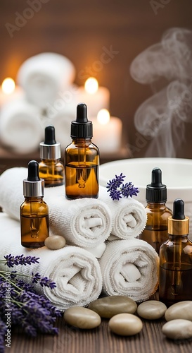 Aromatherapy oils, soft towels, and lit candles create a serene spa atmosphere