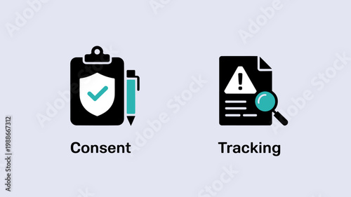 Consent and tracking icons with clipboard and documents on gray background
