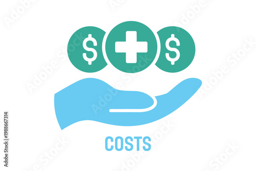 Flat design blue hand holding green money icons and costs text
