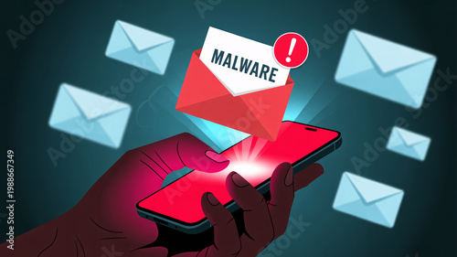 A hand holding a smartphone with a malware warning on the screen surrounded by emails