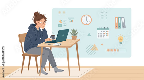 Tired female employee at office desk experiencing mild burnout and exhaustion