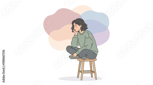 Pensive young woman sitting on stool and overthinking alone with cloudy background