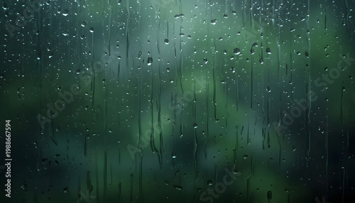 Aesthetic Raindrops and Water Streaks on Glass with Blurred Green Background