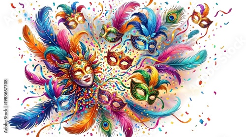 Colorful Carnival Masks and Feathers with confetti