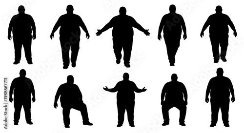 Man silhouette set with various poses and black colors on white background featuring fat, obese, person with human and figure elements for shape,