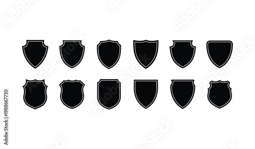 Collection of black shield icons on for protection and security concepts
