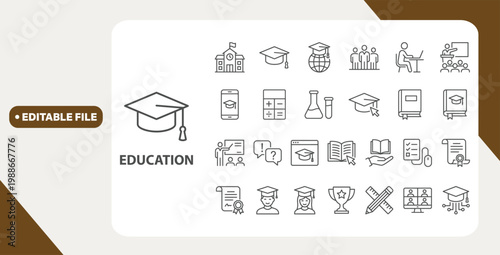 
Education line icon set. Editable Stroke. E-learning, online education, school, student, science, lecture, online test - stock vector. 