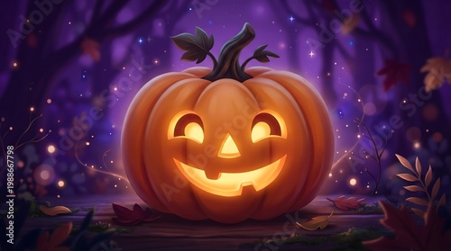 A Jack-o'-Lantern glowing warmly in a mysterious purple-toned forest at night, with autumn leaves scattered around