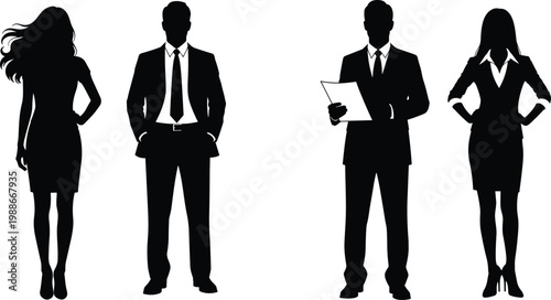 Professional business people silhouettes set including diverse corporate team members in formal suits and dresses isolated on a white background