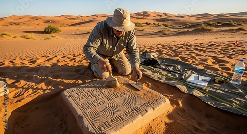Archaeologist uncovers ancient stone slab with intricate carvings in desert