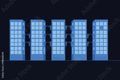Corporate Silos Concept with Isolated Glass Towers and Employees Unable to Connect Symbolizing Department Separation and Communication Barriers Illustration