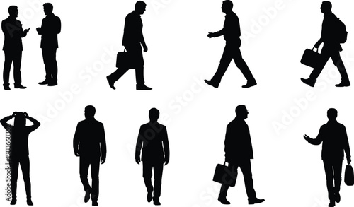Professional business people silhouettes walking with briefcases, talking, standing in suit, stress pose, and corporate man with backpack on white background