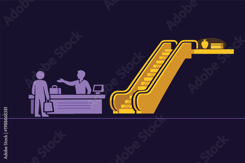 Upselling Strategy Concept with Customer Offered Premium Upgrade via Golden Escalator Symbolizing Value Elevation and Sales Conversion Technique Illustration