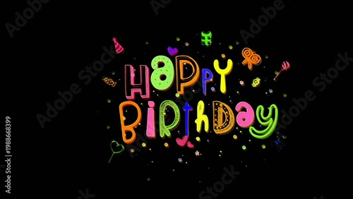 Colorful Happy Birthday Animation with Confetti on Black Background.