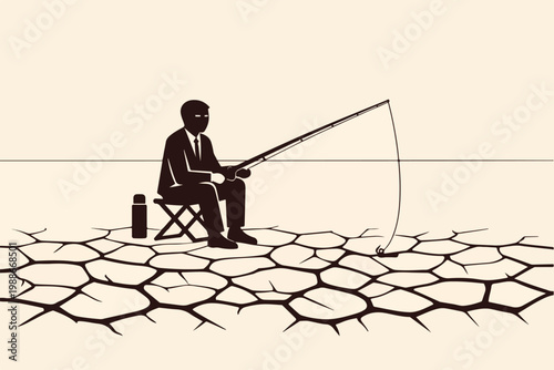 Cold Outbound Sales Concept with Salesperson Fishing in Empty Desert Market Symbolizing Ineffective Prospecting and Poor Audience Targeting Illustration