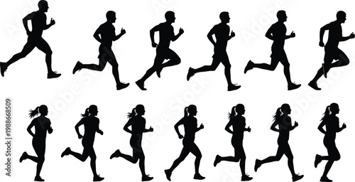 Set of active men and women running silhouettes in various motion poses for fitness, sports, marathon training, and healthy lifestyle,