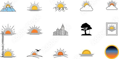 Set of Minimalist Sunrise and Sunset Icons, Nature and Landscape Line Art Symbols, Weather and Cityscape Graphic Elements on Transparent Background