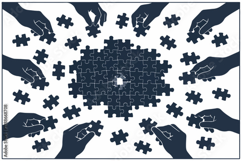 Crowdsourcing Innovation Concept with Multiple Contributors Solving Complex Puzzle Together Symbolizing Collective Intelligence and Open Collaboration Model Illustration
