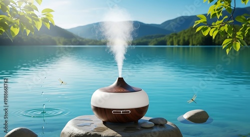 Aromatic diffuser misting on lake rock, dragonflies hover, mountains behind