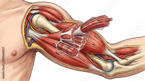 An illustrative view of human arm muscles, ligaments and skeleton