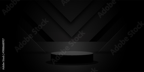 3D Black geometric podium. Dark background.