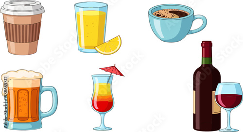 Beverage Drink Vector Icon Set with Coffee Cup, Juice Glass, Beer Mug, Cocktail, Wine Bottle, and Hot Drink Illustrations for Cafe and Bar Designs