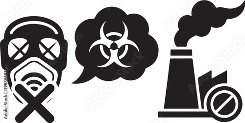 Biohazard, pollution, and protest icons, black vector set, environmental warning symbols