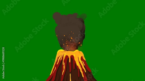 Animated volcano erupting with lava and smoke against a green screen background.