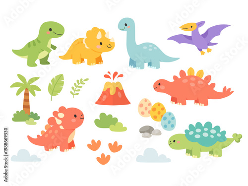 Set of cute dinosaurs including triceratops, stegosaurus, brachiosaurus and pterodactyl with volcano, eggs and plants in flat style