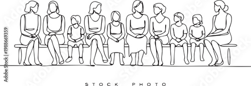 Continuous line drawing of diverse group of people sitting on a bench