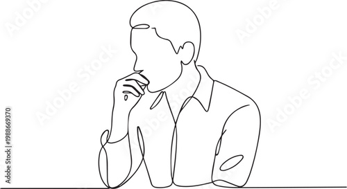 Continuous line drawing of a man sitting at a table looking thoughtful