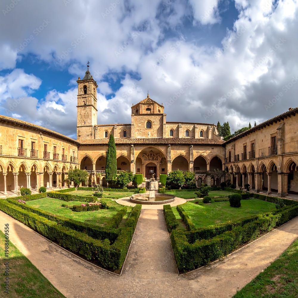 Fototapeta premium A grand cloister courtyard with manicured gardens and a central fountain