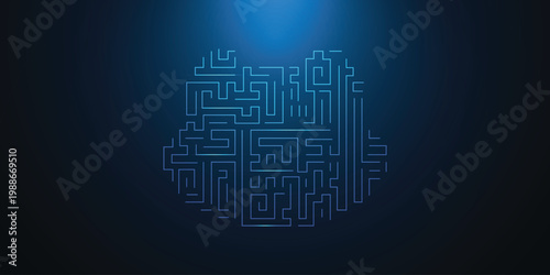 Futuristic Blue Labyrinth Pattern Technology Background with Intricate Digital Paths Forming Circular Maze Shape for Cybersecurity, AI Systems and Advanced Data Innovation Concepts