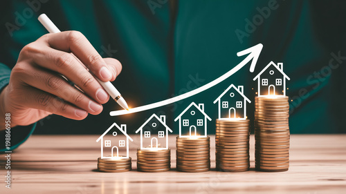 A person drawing a growing graph with houses on stacks of coins, symbolizing increasing property value and financial growth.