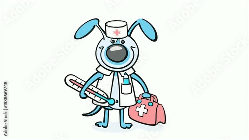Cartoon Dog Doctor with Thermometer and Medical Bag on White Background.