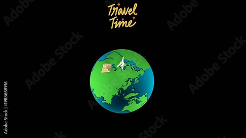 Animated Travel Time Video Featuring Earth and Airplane on Black Background.