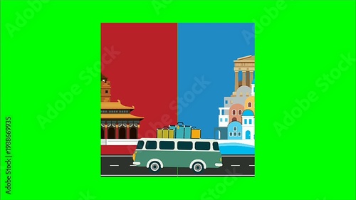 Animated Travel Bus Journey Through Various Global Landmarks and Destinations.