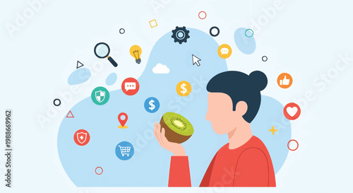 A young woman happily eating a green apple surrounded by various colorful icons and symbols floating in the air indoors.